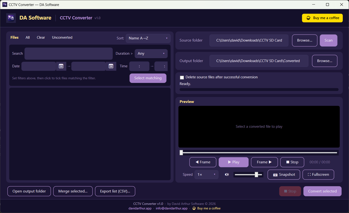 CCTV Converter main window with file browser, filters, and preview