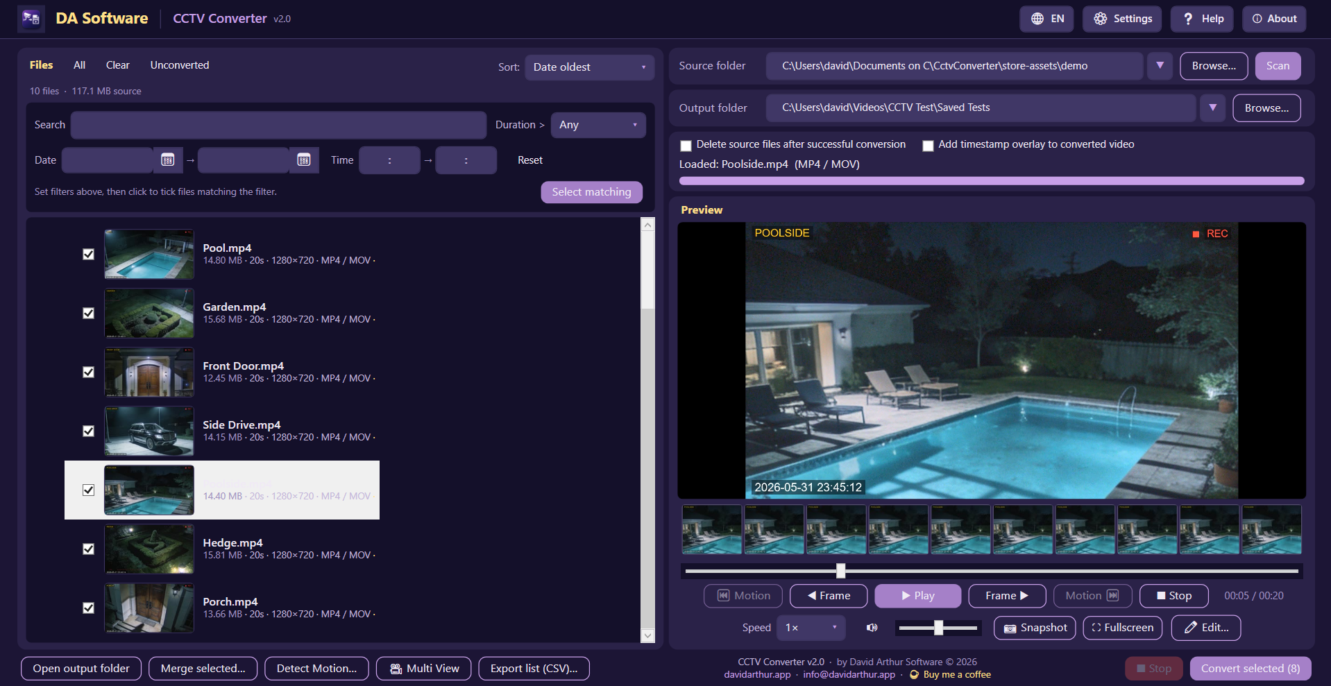 CCTV Converter main window: file browser, filters and live preview