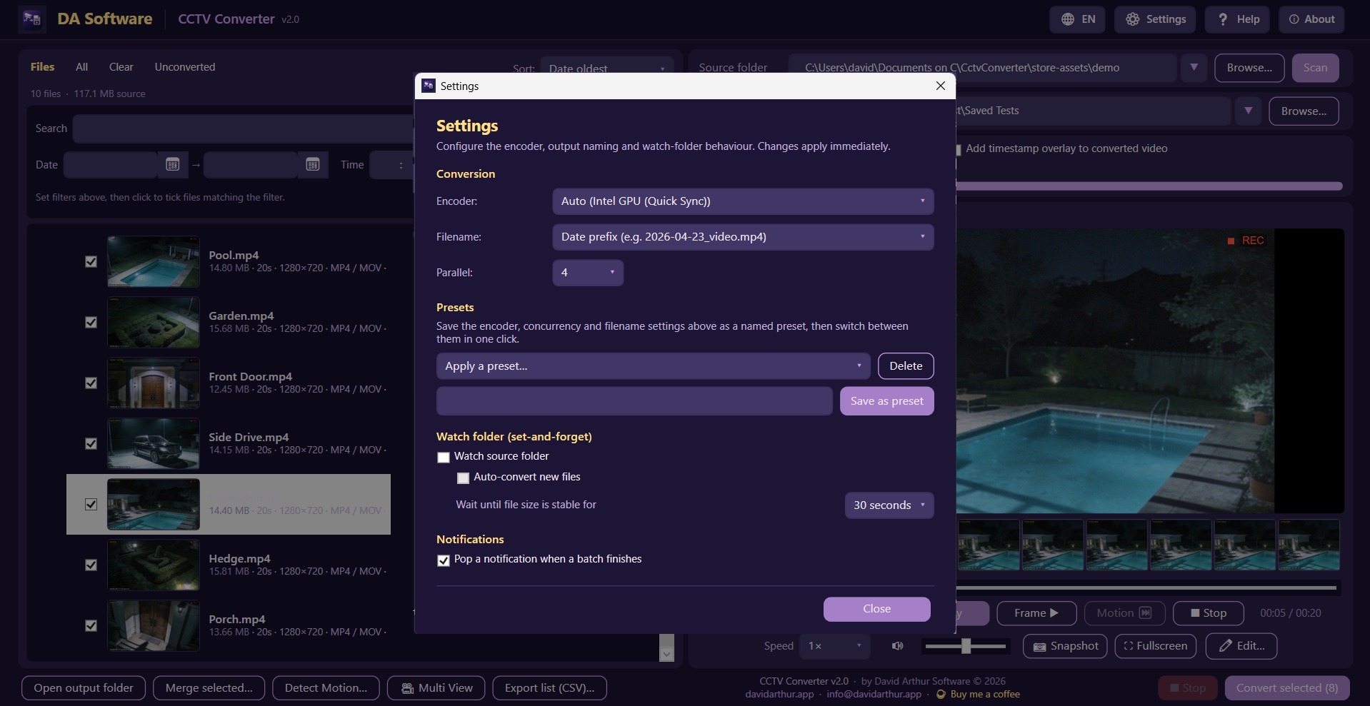 CCTV Converter settings: encoder, output naming and watch-folder automation