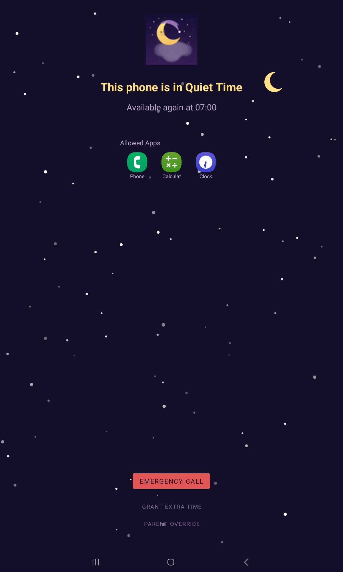 QuietTime Starry Night block screen with allowed apps and emergency call