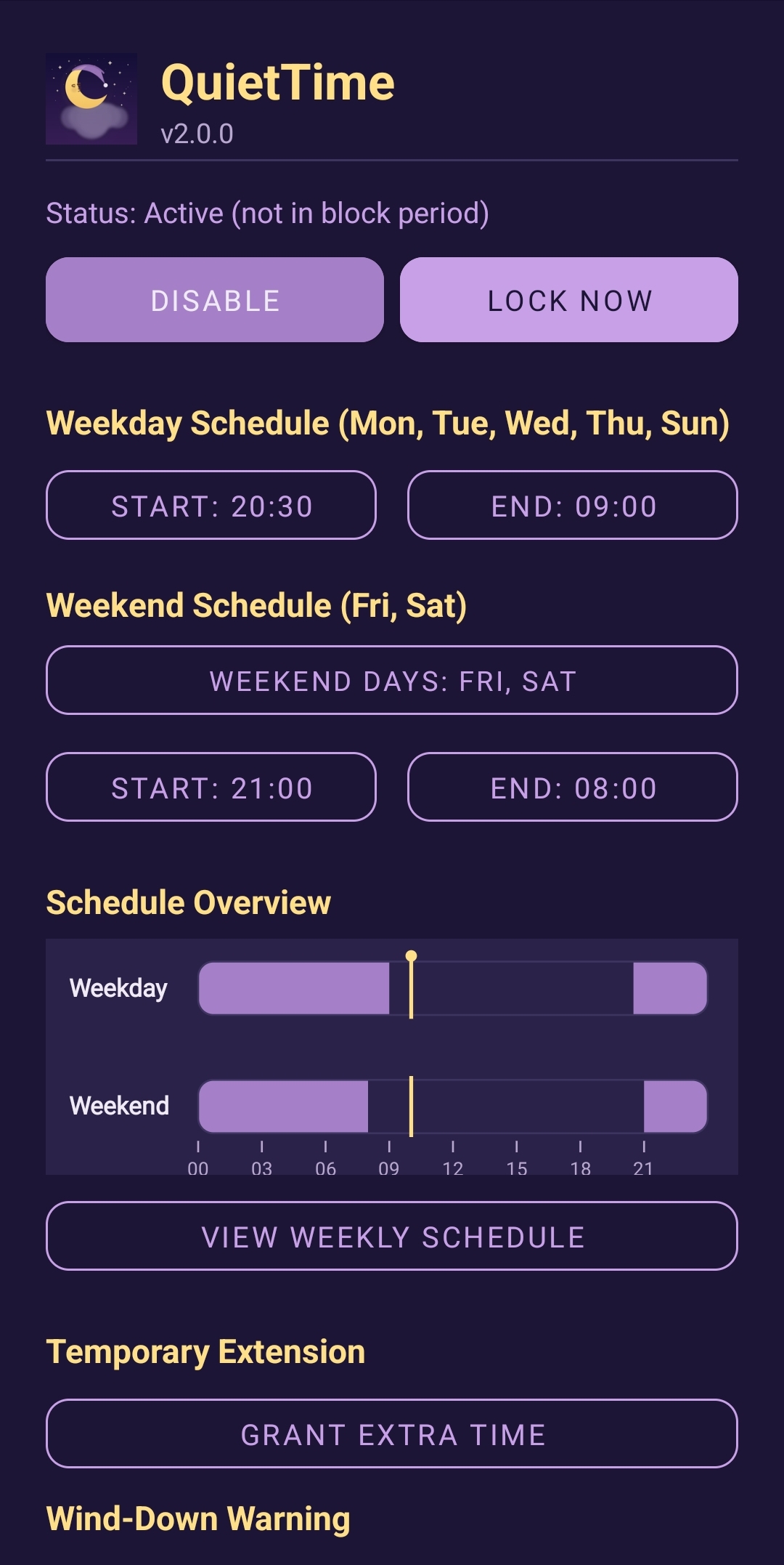 QuietTime Android dashboard showing schedules, schedule overview, and extra time controls