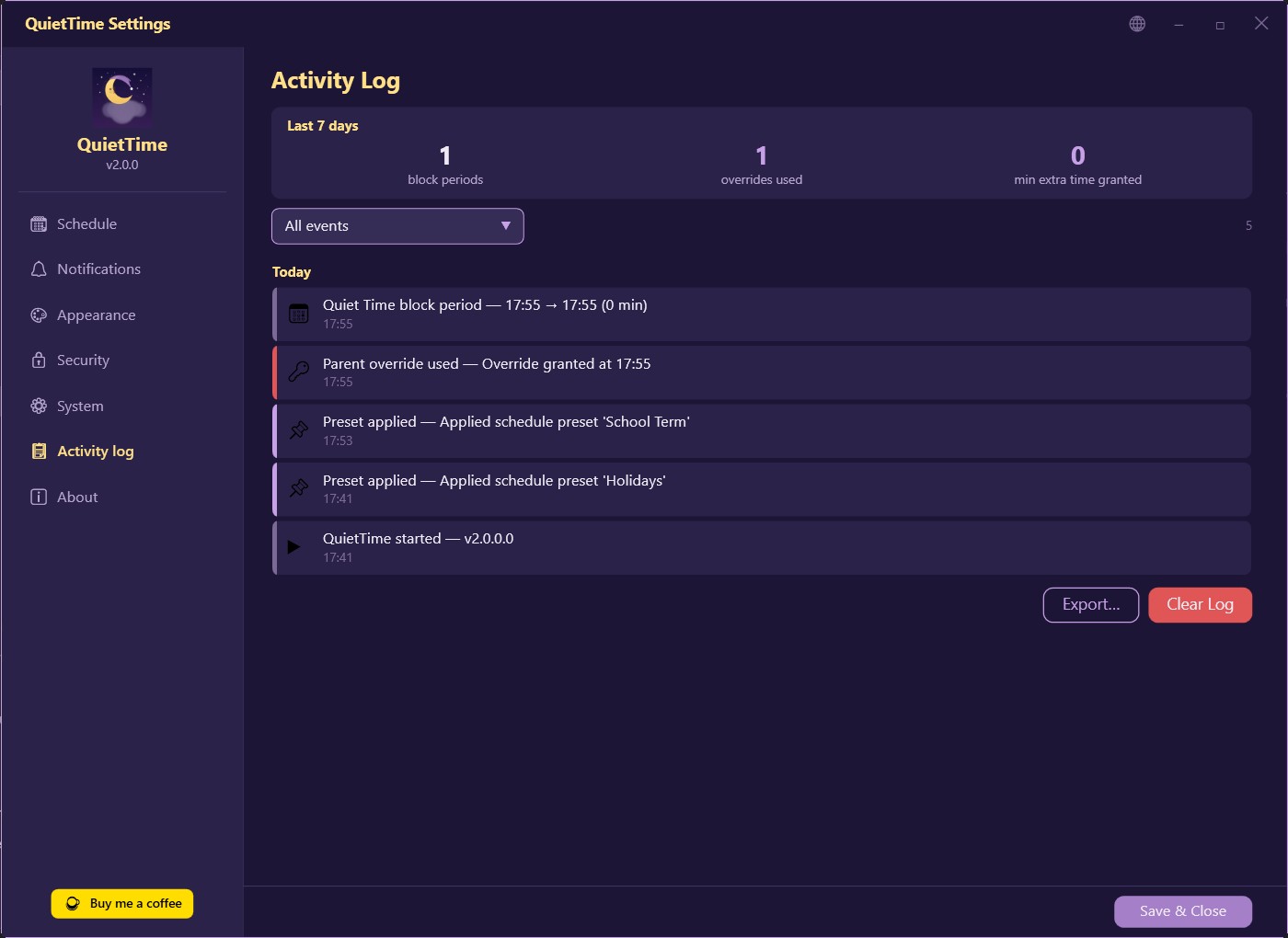 QuietTime Windows Activity Log showing 7-day summary, category filter, colour-coded entries with date grouping, export and PIN-protected clear