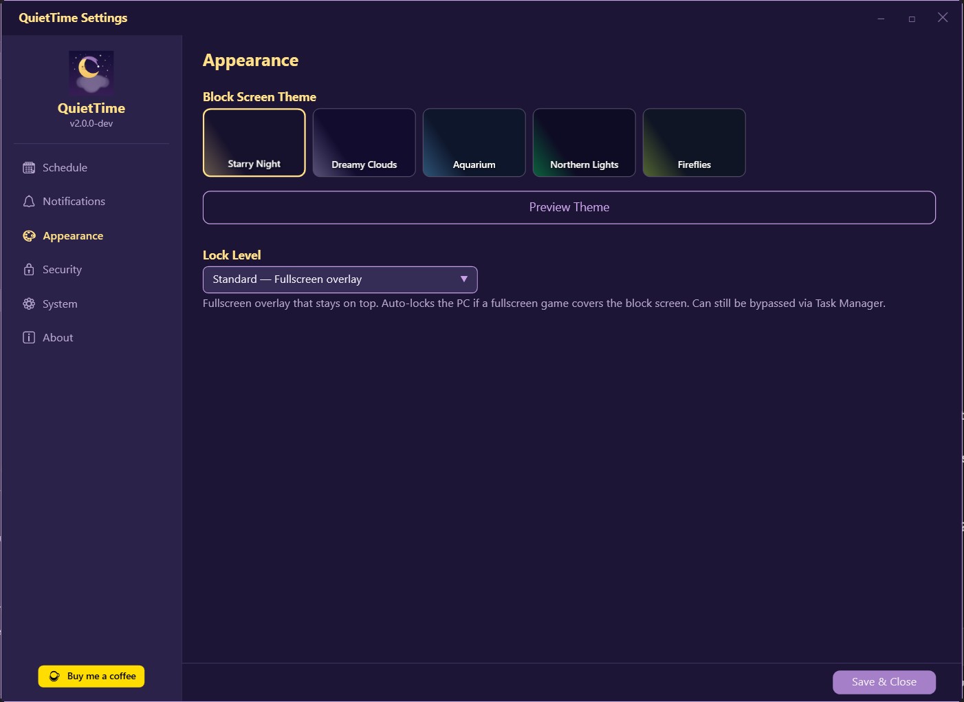 QuietTime Windows appearance settings showing five block screen themes and lock level options