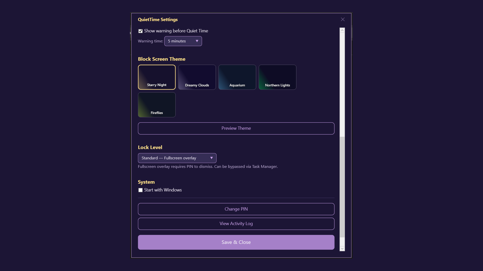 QuietTime Windows settings showing themes, lock level, and system options
