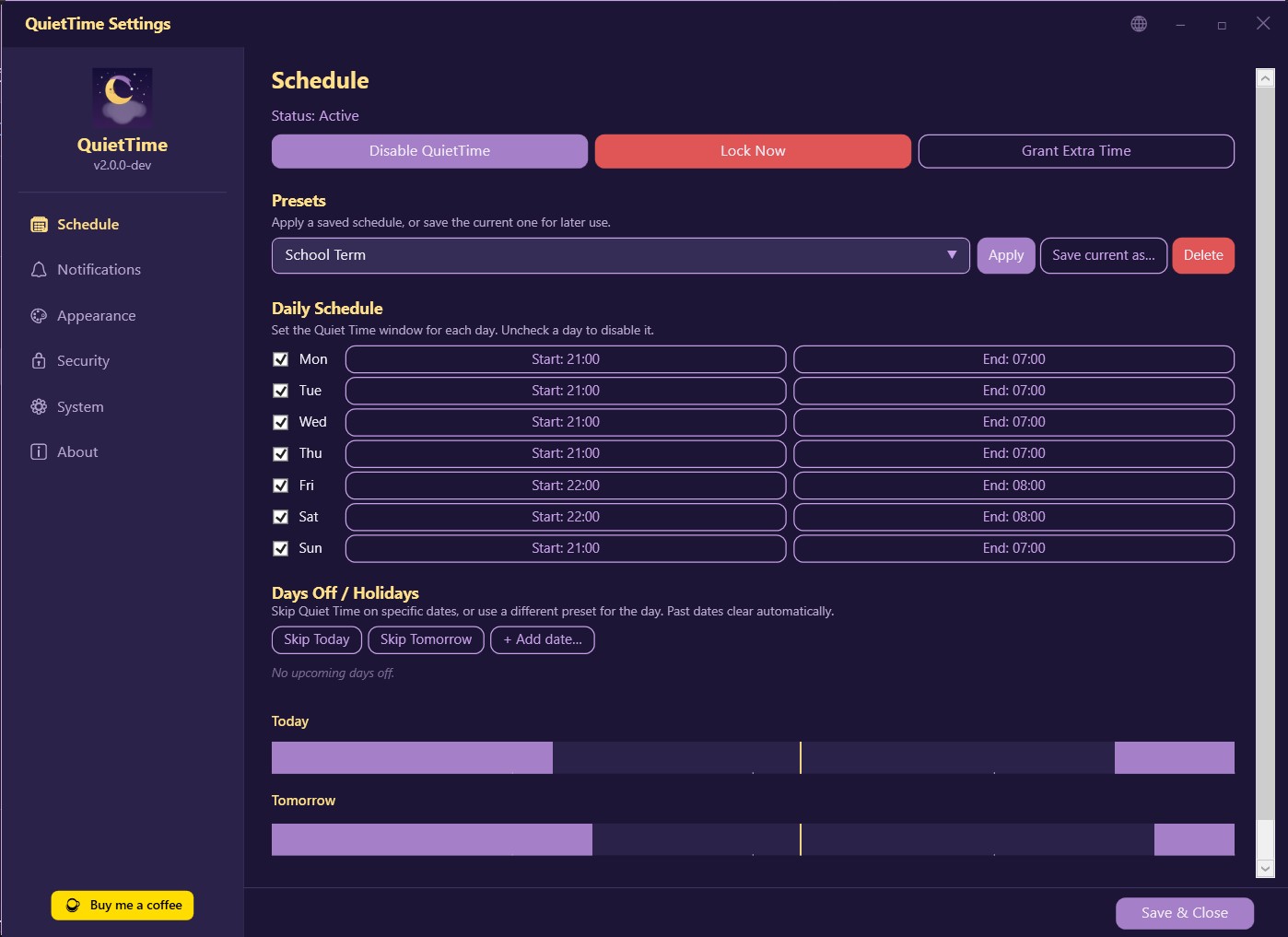 QuietTime Windows settings showing per-day schedule, presets, days off and the timeline preview