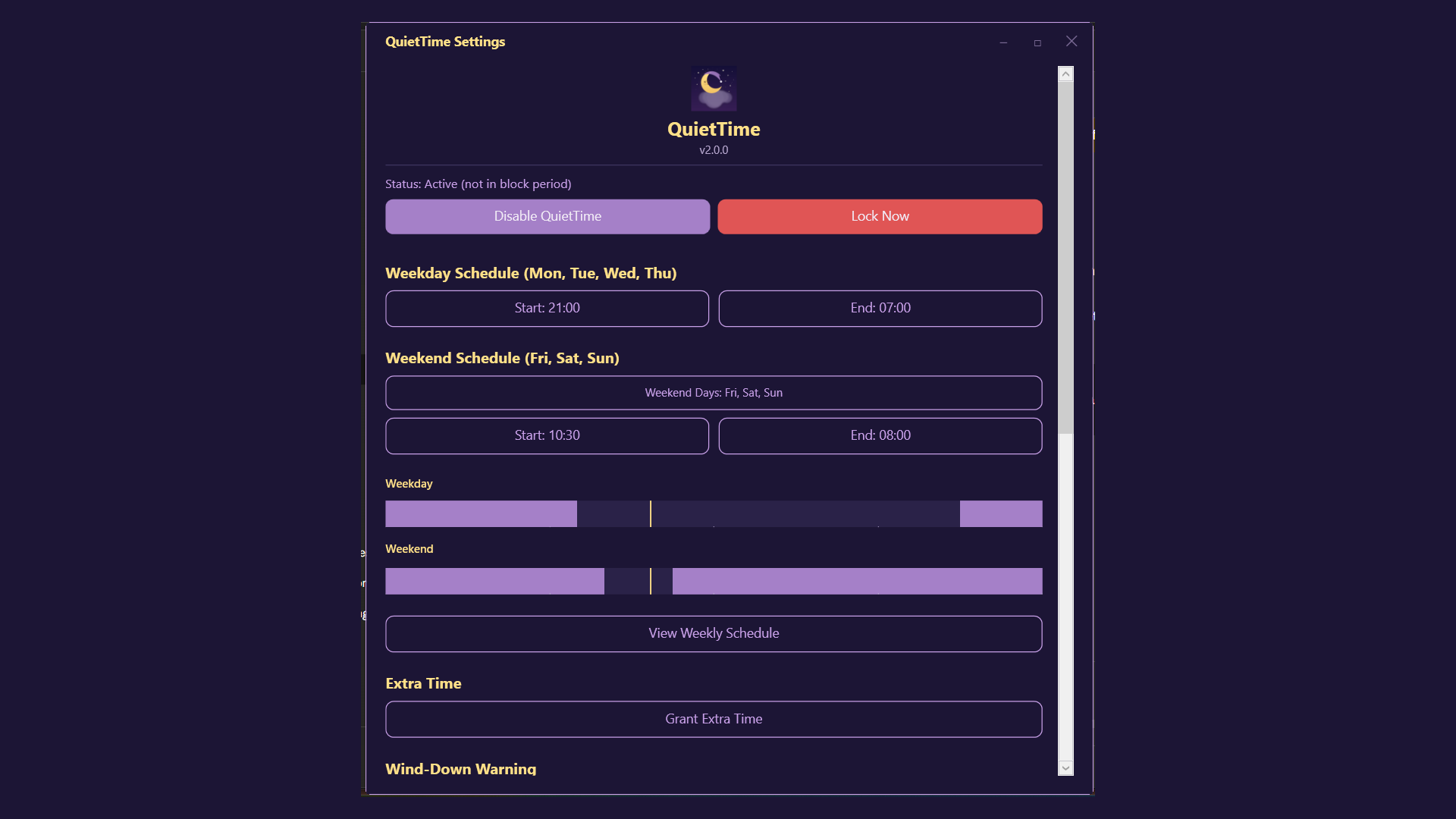 QuietTime Windows settings showing scheduling, schedule overview, and extra time